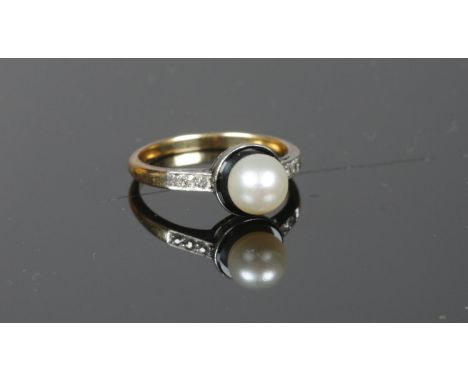 An Art Deco Onyx, Diamond &amp; Cultured Pearl ring. Size N.  