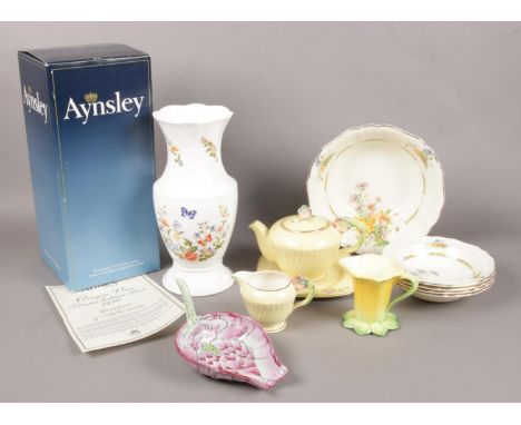 Miscellaneous ceramic's. Aynsley Crown Vase limited edition 1998 (boxed) 25.5cm height, Crown Devon teapot, milk jug, plate, 