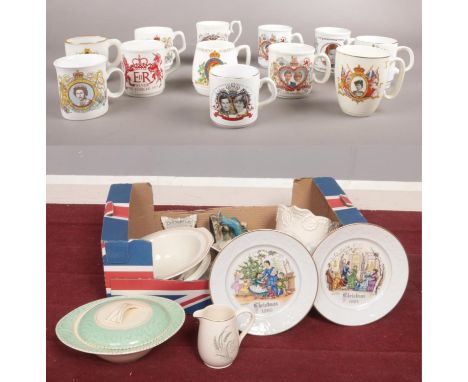 Two boxes of miscellaneous. Royal Worcester Christmas 1980 &amp; 1981 plates, commemorative mugs, Burleigh 'Balmoral' tureen,
