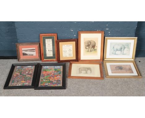 Nine various framed pictures. To include prints of elephants, lions and a print of 'The Ferry at Knottingley' etc.  
