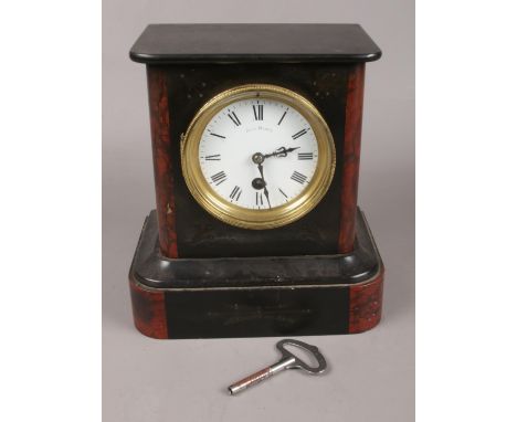 A Black Slate and Marble John Mason Mantle Clock, with Original Key. In Working Order.  