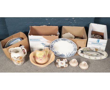 Four boxes of miscellaneous. To include a B&amp;K water jug and bowl, Portmeirion platters and Crown Ducal cups and saucers e