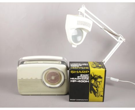 A Vintage Bush Longwave Radio, together with a pair of Sharp Headphones and a Angle-poise Lamp with Magnifier.  