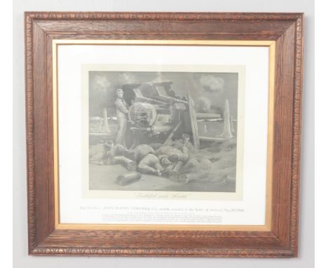 An Oak framed and glazed print depicting John Travers Cornwell V.C. The print is named faithful into death. H: 31cm, W: 38.5c