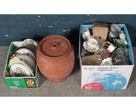 Two boxes of miscellaneous. Including Terracotta lidded pot, cabinet plates, brassware, Aynsley, glass decanters, etc.  