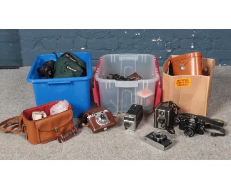 Three boxes of vintage camera's &amp; accessories. Coronet  twelve-20 colour filter model camera, Olympus Camedia C-725 digit
