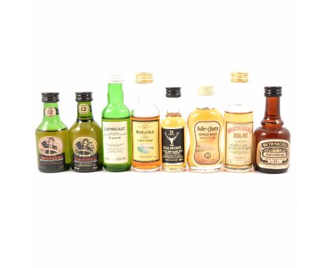 Eight assorted single Islay malt whisky miniatures:Bowmore, 12 year old, 5cl, 40%Bruichladdich, 10 year old, 5cl, 40%Bunnahab