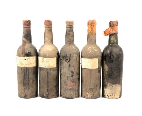 Five bottles of unknown vintage port, three bearing handwritten paper labels stating Crofts 1935 'Not decanted', and two othe