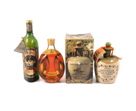 Three bottles of 1970s bottled whisky:Glenfiddich, 8 year old, single malt whisky, US import, 26 2/3fl oz, 86 US proofDimple 