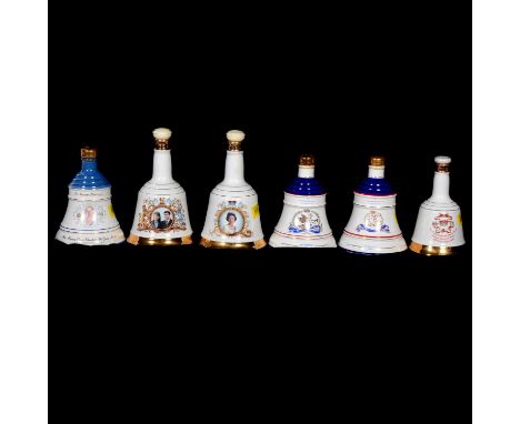 Six Bell's Royal Commemorative Whisky Wade Decanters, commemorating:Queen Elizabeth II's 60th BirthdayQueen Mother's 90th Bir