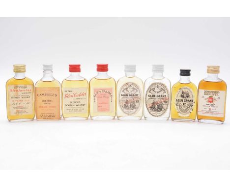 Eight assorted flat bottle whisky miniatures, 1960s-1980s:Glenfarclas-Glenlivet, 8 year old, 70 proof, James GordonCampbell's