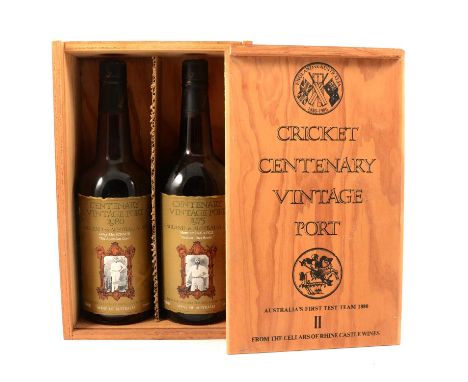 Cricket Centenary vintage port, two-bottle gift set commemorating Australia's First Ashes Test Team of 1880 and 1875, from th