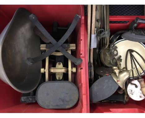 A selection of various metal ware to include scales, large heavy weights, irons etc.