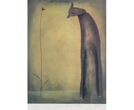 MACKENZIE THORPE. Framed, glazed, signed photo lithograph titled ‘Is it a dog or a flower’, 27cm x 35cm.