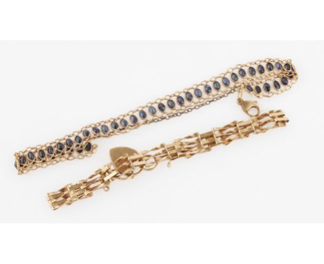 A hallmarked 9ct yellow gold sapphire bracelet, together with a hallmarked 9ct yellow gold gate bracelet, (2).