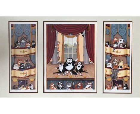 LINDA JANE SMITH. Framed, glazed, signed photo lithograph titled ‘O Solo Meow’, tryptic, 94cm x 62cm.