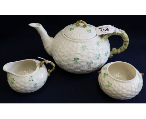 Belleek Irish porcelain three-piece tea set, to include: bullet-shaped teapot with simulated bamboo handle and printed marks 