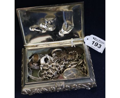 Plated repousse jewellery casket with gleaners figural decoration, containing an assortment of silver and other jewellery ite