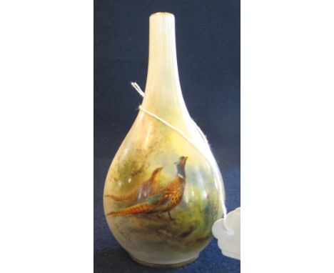 Royal Worcester porcelain bottle vase with hand painted decoration of two pheasants in a landscape, signed by J.  Stinton. Pr