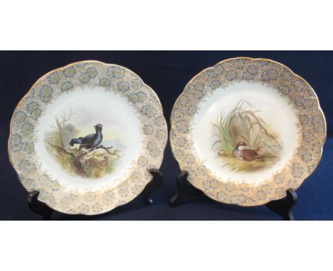 Pair of Royal Worcester porcelain cabinet plates, hand painted with game birds to include black grouse and partridge. 23 cm d