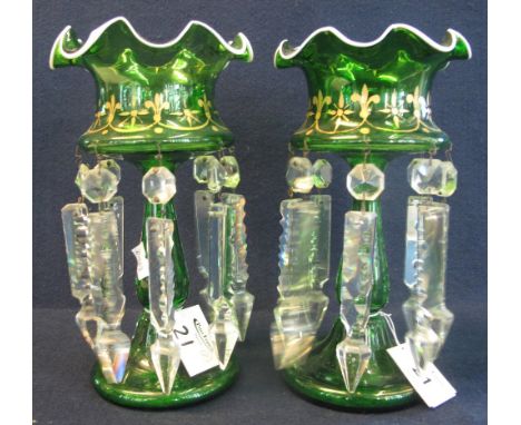 Pair of green glass vase lustres with gilded decorations, white enamel rims and clear prismatic lustres and spangles. 20 cm h