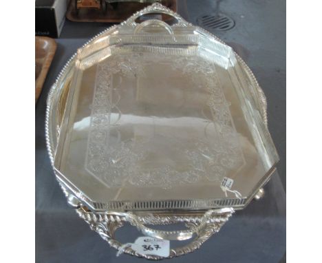 Silver plated, two handled octagonal galleried tray, together with another silver plated two handled tray of oval form. (2) (