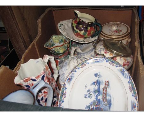 Box of assorted china to include two graduated Masons ironstone Oriental design pouch shaped dresser jugs, floral biscuit bar