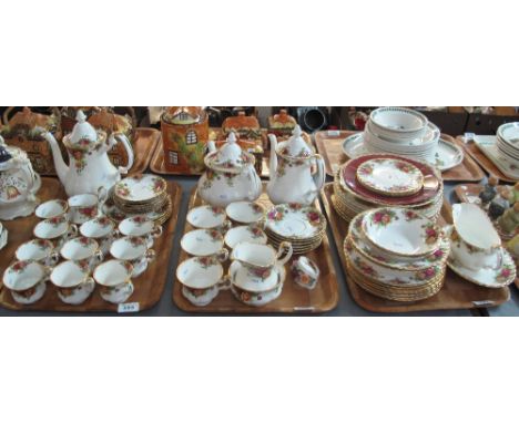 Three trays of Royal Albert old country roses fine bone china teaware to include: three teapots, sauce boat on stand, breakfa