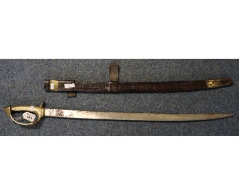 Indian brass hilted, steel bladed, ceremonial tulwar sword with leather brass mounted scabbard.(B.P. 24% incl. VAT)