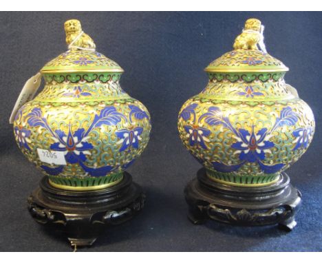 Pair of Chinese enamel baluster shaped vases and covers, overall with stylized foliate designs and standing on wooden bases. 