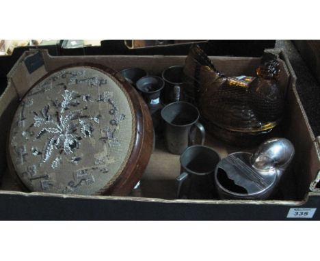 Box of assorted items to include a Victorian circular tapestry stool on ceramic fluted feet, pot bellied pewter tankards and 