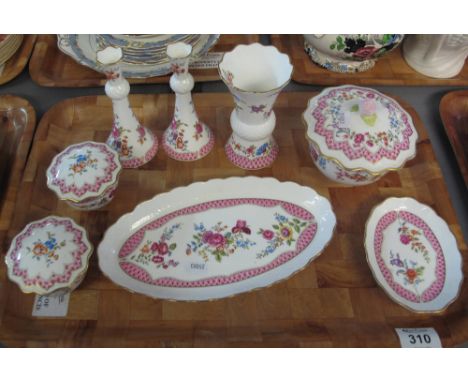 Royal Worcester find bone china 'Amelia' ladies dressing table set to include: trays, a pair of vases, trinket boxed etc. (8)