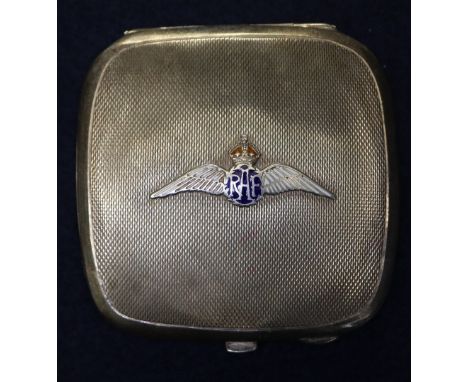Silver engine turned RAF compact.(B.P. 24% incl. VAT)  CONDITION REPORT: Dinks and dents to case. Clasp is in good condition.