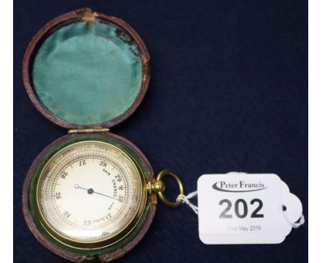 10th century pocket barometer with gilt metal case in Morocco leather carrying case.(B.P. 24% incl. VAT)