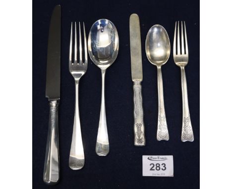 Silver 'Tiffany' three-piece Christening cutlery set together with silver, hallmarked spoon and fork and a silver handled but