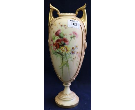 Royal Worcester peach ground, urn shaped pedestal vase with hand painted floral decoration. Printed marks to base, shape no. 