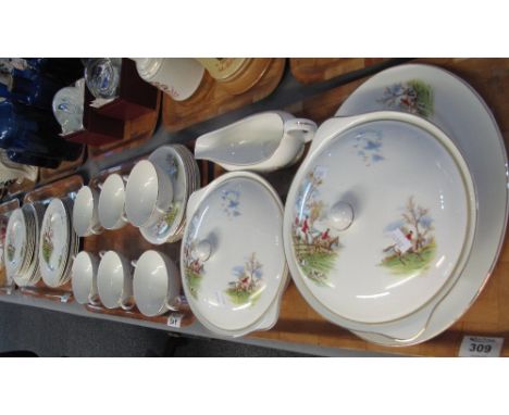Three trays of Myott's 'china-lyke' Staffordshire hunting scene dinnerware to include lidded tureens, gravy boat, two handled