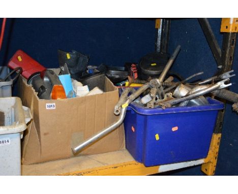 TWO BOXES OF AUTOMOTIVE PARTS, accessories and tools