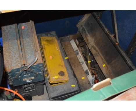 A WOODEN TOOL BOX, three tool boxes with tools and a socket set