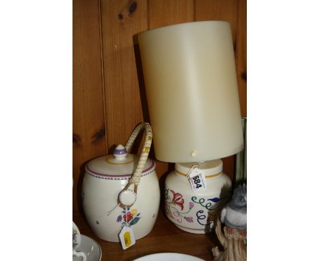 A POOLE POTTERY LAMP BASE, with a shade, height overall approximately 34cm and a Poole pottery biscuit barrel (2)