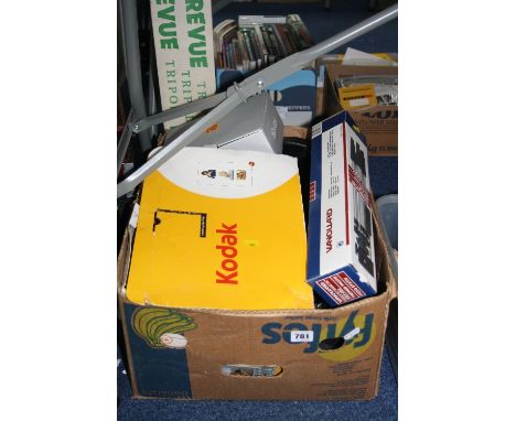 A BOX OF CAMERAS AND EQUIPMENT, to include Nikon, Bell & Howell, Kodak, Pentax, tripods, Kodak Easyshare, printer dock and di