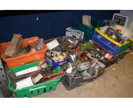 NINE BOXES OF AUTOMOTIVE PARTS, to include head lights, wing mirrors, engine parts, jacks etc