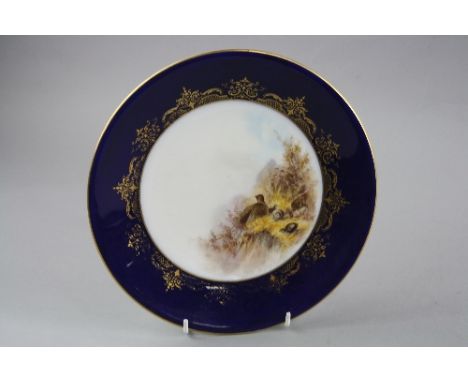 A ROYAL WORCESTER CABINET PLATE, 'Grouse' signed Johnson, puce backstamp diameter approximately 23.5cm