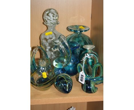 A GROUP OF MDINA GLASS, to include a tiger pattern side stripe vase, a white mottled decanter and a knot sculpture (9)