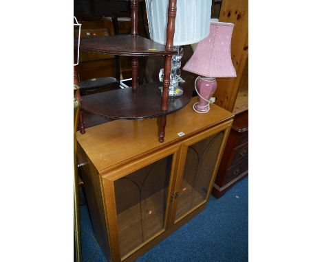 A MODERN GLAZED TWO DOOR BOOKCASE, hall stand, brass standard lamp and four table lamps (sd) (7)