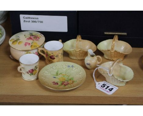 EIGHT ROYAL WORCESTER BLUSH IVORY MINIATURES, to include three baskets, tyg, mug, jug, covered trinket and dish (8)