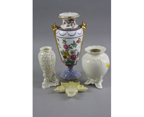 A SPODE COPELANDS CHINA VASE, with twin lion mask handles, decorated with flowers and insects, impressed No.56 to base, heigh