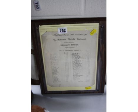 A WOODEN FRAME CONTAINING A LISTING OF MEMBERS OF THE 1/5TH BTN NORFOLK REGIMENT WHO WERE PRESENT AT A RE-UNION DINNER, 1920-
