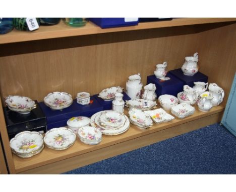 ROYAL CROWN DERBY 'DERBY POSIES', to include jugs (two boxed), seven five petal trays, six silver tray No.1, two trinket boxe