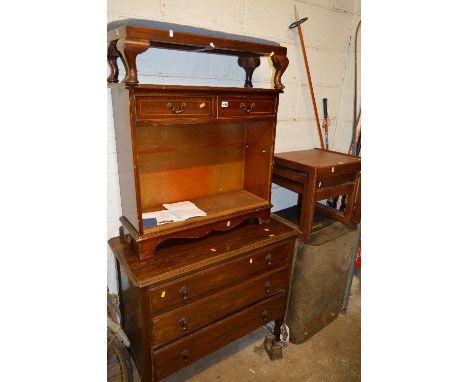 AN OAK CHEST OF DRAWERS, bookcase, footstool, tin trunk, a teak nest of three and seven sets of skis and poles, etc 